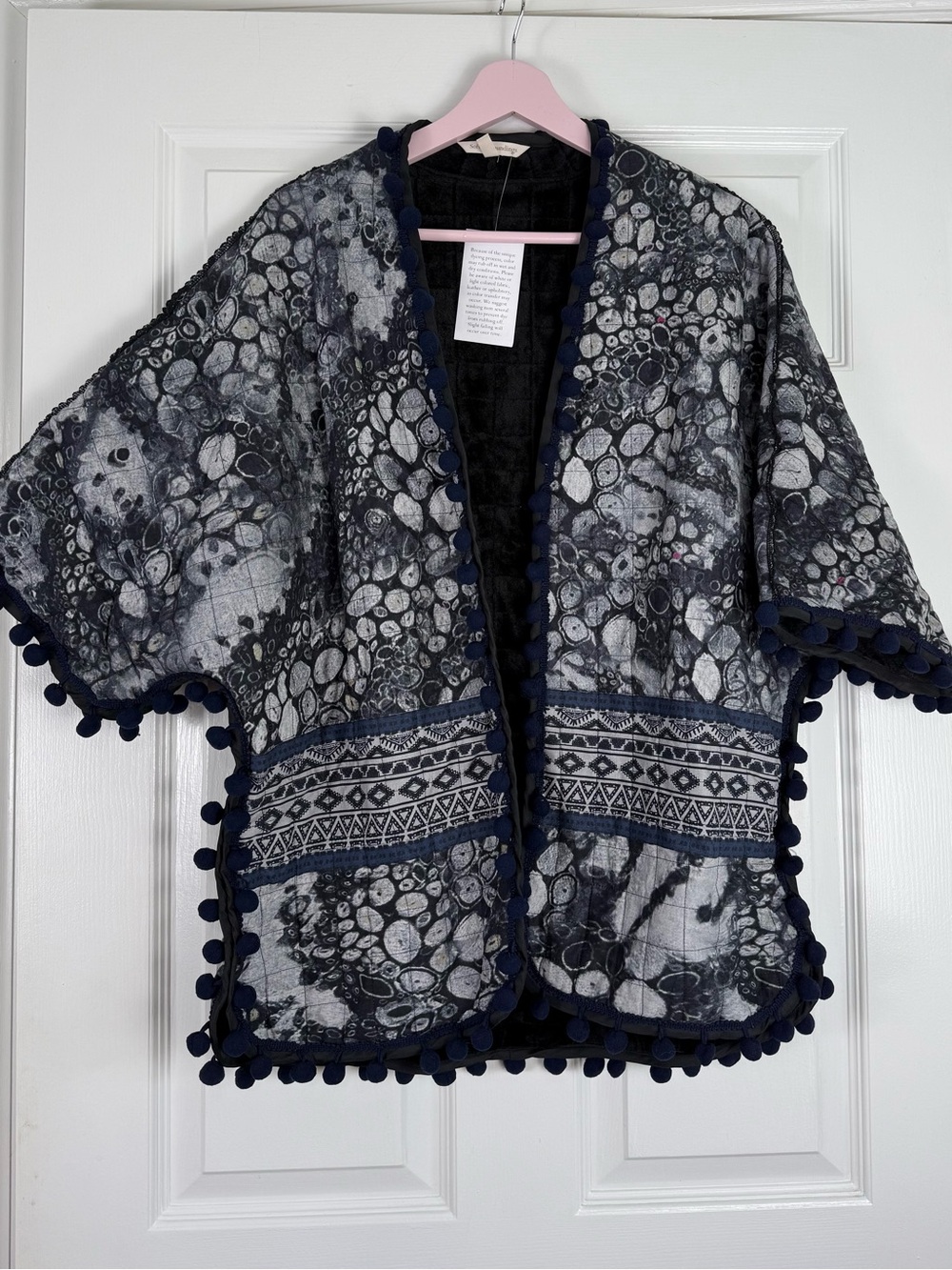 Soft Surroundings Navy Gray Quilted Open Jacket with Pom Pom Geo Trim